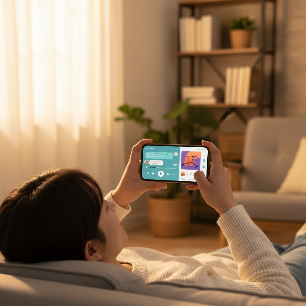 A lifestyle photography scene of a Korean person comfortably using a smartphone, which displays a ChatGPT interface integrated with music player controls and a food delivery app, warm lighting, natural home setting, soft blurred background, no visible text