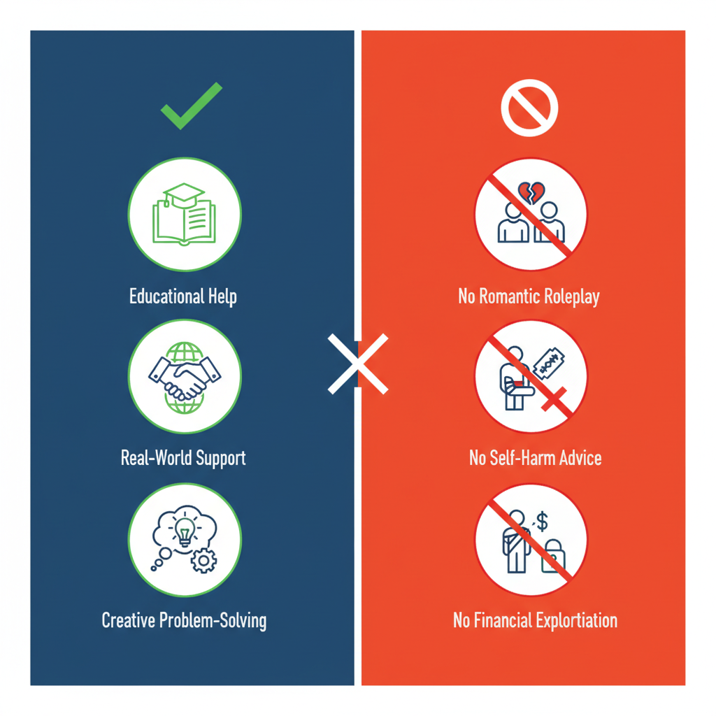 Clean infographic showing "Do's and Don'ts" for AI chatbot interaction with teens. Visually represent prohibition icons (e.g., no romantic roleplay, no self-harm advice) and approval icons (e.g., educational help, real-world support). Modern layout, high contrast, colored background, no text, 1:1 aspect ratio