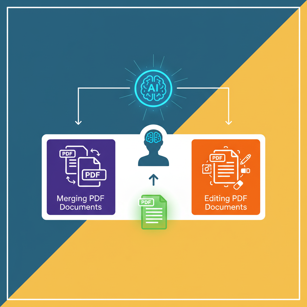 A user merging and editing PDF documents using ChatGPT, clean infographic, modern layout, high contrast, colored background, no text
