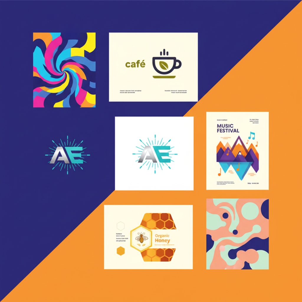 Examples of various designs created with Adobe Express through ChatGPT, clean infographic, modern layout, high contrast, colored background, no text