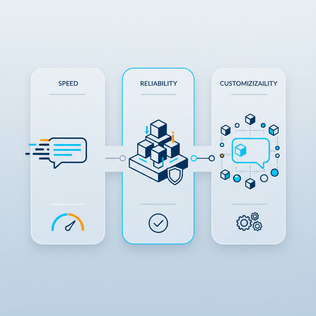 A clean infographic with a modern layout, illustrating a stylized chatbot interface evolving. Concepts of speed (fast lines), reliability (stable structure), and customizability (modular elements) are abstractly shown. High contrast, bright, balanced lighting, and a textured light blue and silver gradient background. Minimal, English-only UI text if absolutely necessary, but preferably none. No graphs.