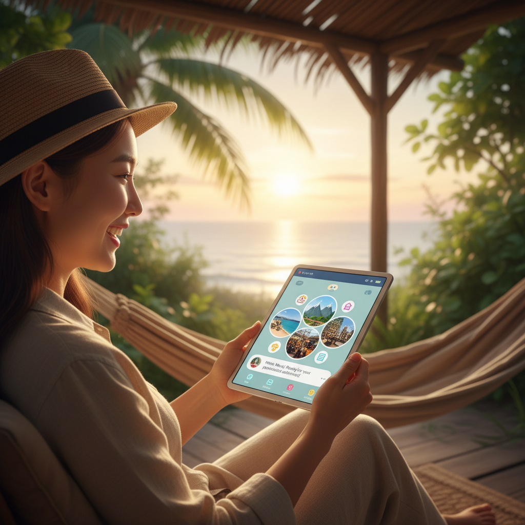 A person of Korean appearance happily interacting with a travel chatbot on a tablet, showcasing personalized holiday recommendations, lifestyle photography, warm lighting, natural setting, textured background, no text, centered focus, visually rich
