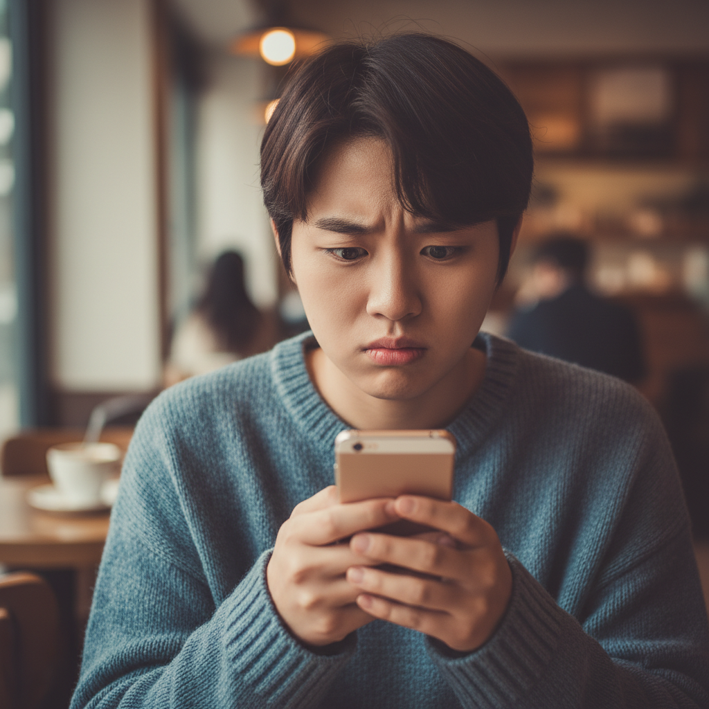 A Korean person looking at a smartphone screen with a worried expression, reflecting on mental health struggles, soft natural lighting, a blurred cafe background, no text