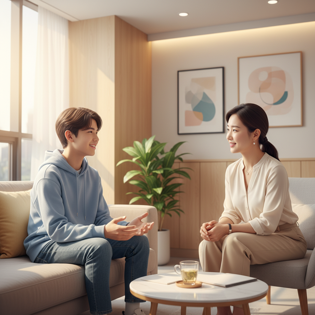 A hopeful scene showing a Korean teenager and a mental health professional engaging in a supportive conversation, warm and inviting lighting, bright and modern clinic background, natural expressions, no text