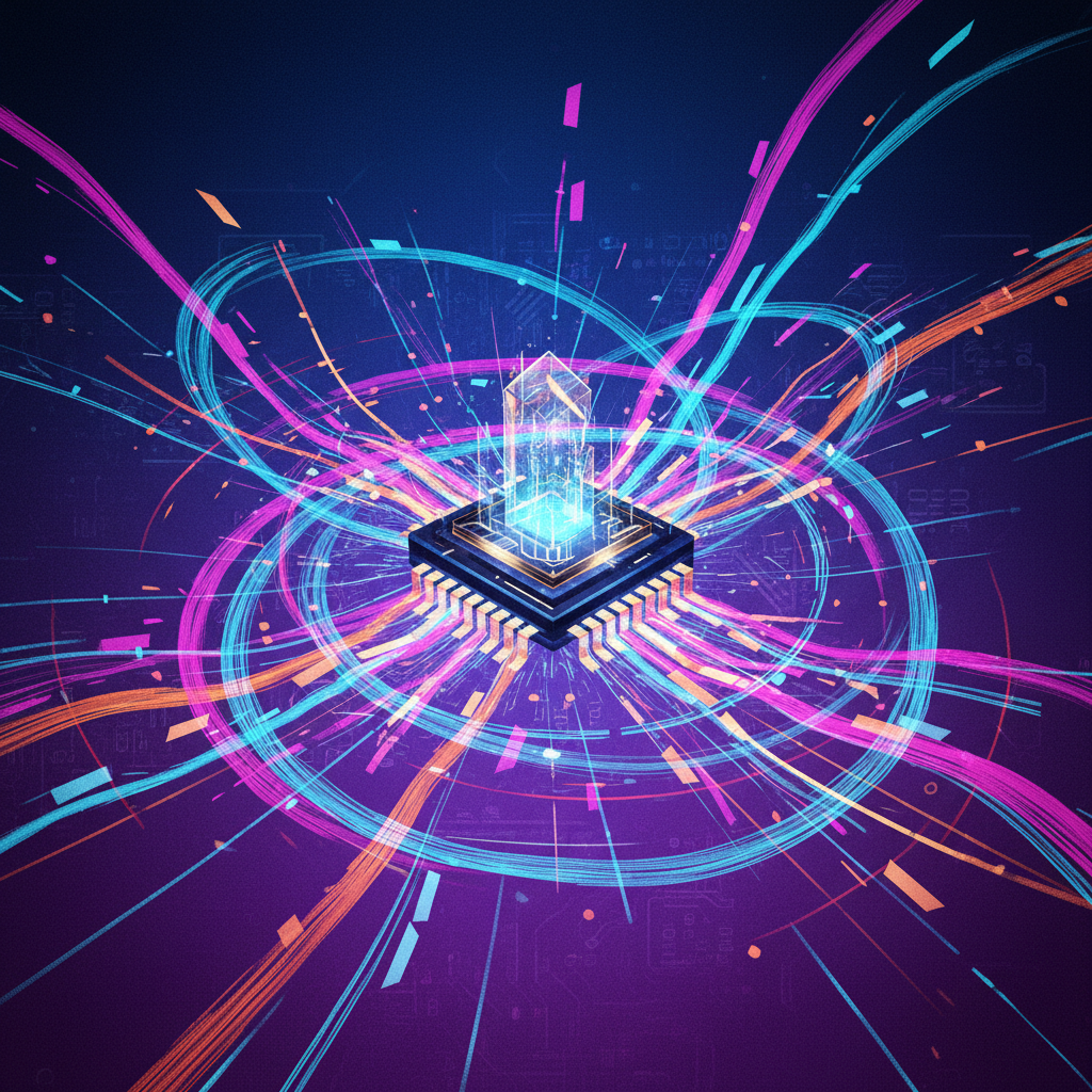 Dynamic and visually rich illustration of data streams and glowing lines converging onto a central, advanced AI chip. The background features a subtle, textured gradient from dark blue to purple, conveying speed and complexity. Style: illustration, artistic rendering, textured background. No visible text.