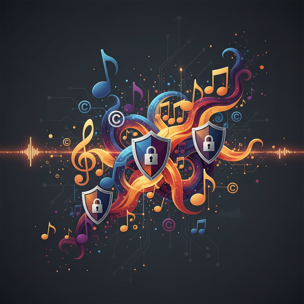 Abstract visualization of data protection and copyright symbols interweaving with musical notes, representing the complex challenge of protecting human creativity in the age of AI music, clean infographic style, high contrast, textured background, no text, 1:1 aspect ratio