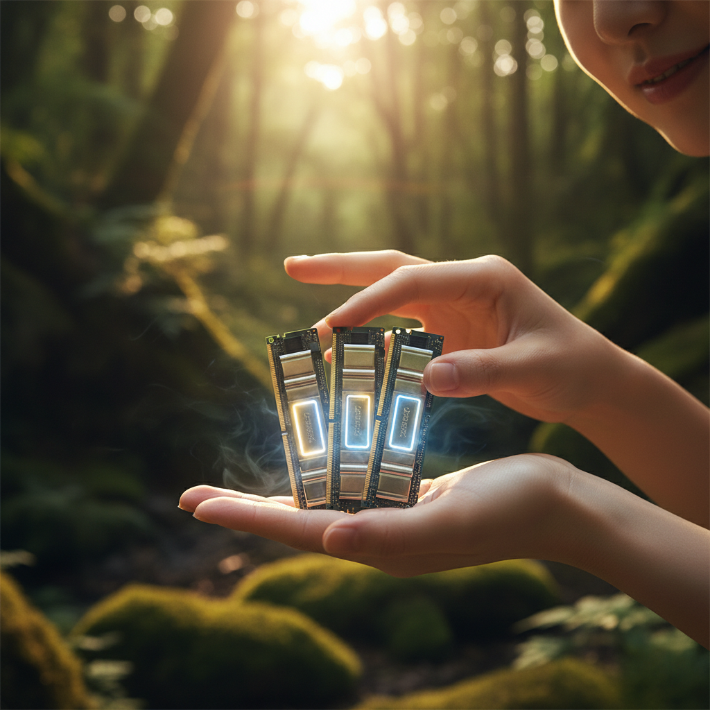 lifestyle photography, warm lighting, natural setting. A close-up shot of several high-end DDR5 RAM sticks, with a subtle aura of high value or scarcity. A hand gestures as if showing precious items. Korean appearance hands, natural expression. No visible text.