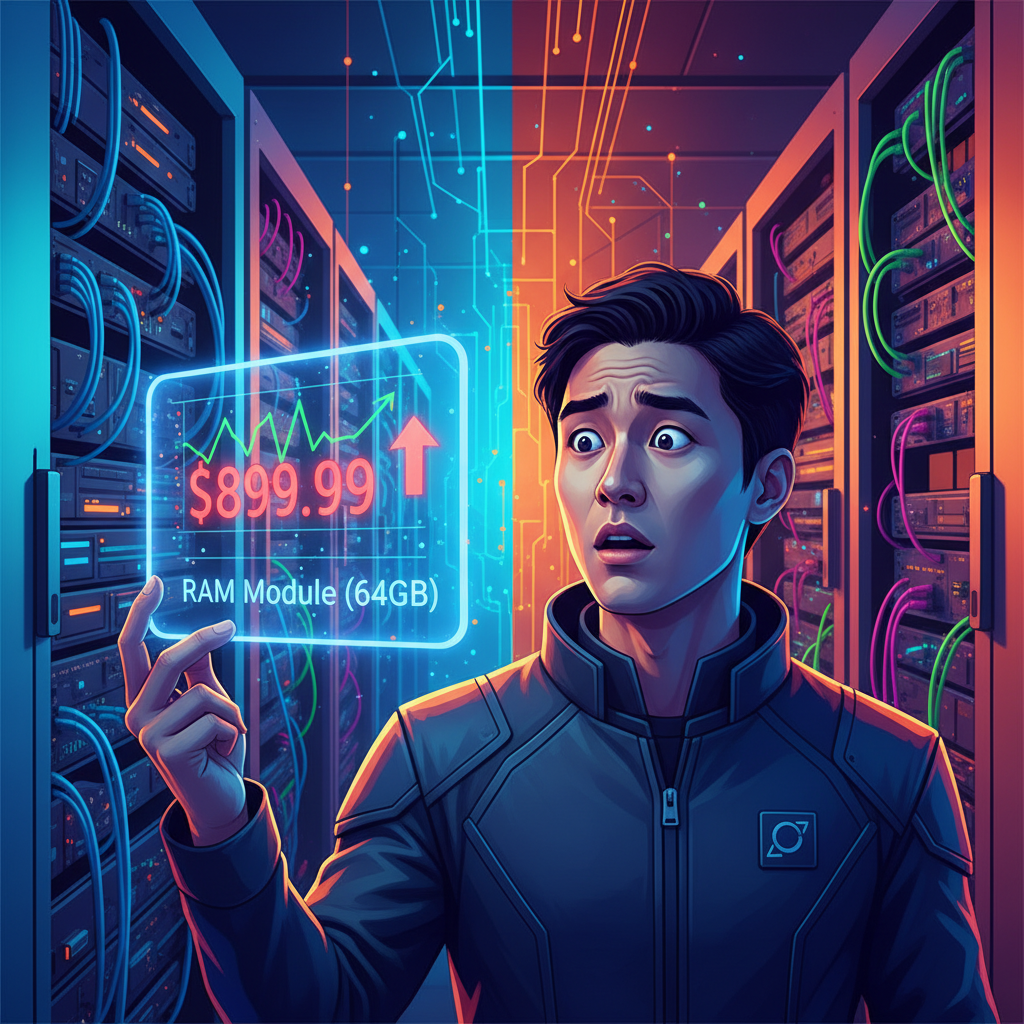 A confused Korean person looking at a digital price tag showing dramatically increased RAM prices, with a background of futuristic server racks, clean infographic style, high contrast, colored background, no text
