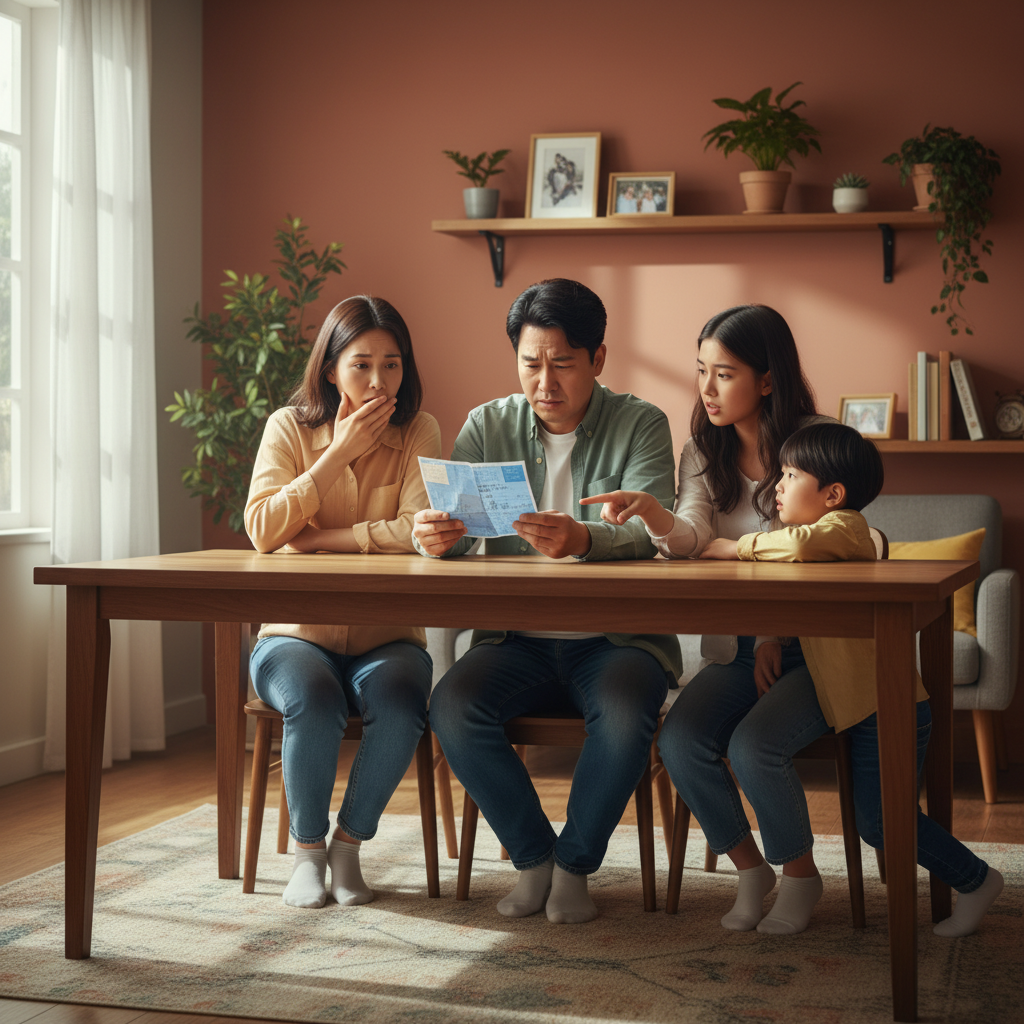Lifestyle photography of a Korean family looking concerned at an electricity bill, warm lighting, natural home setting, colored background, no text