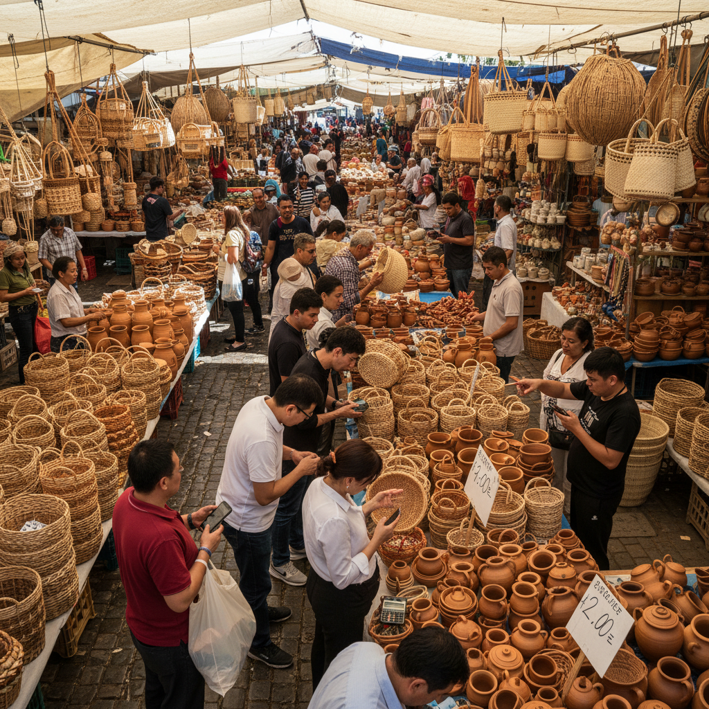 A bustling marketplace with many identical products, showcasing intense price competition, bright lighting, realistic photography style, diverse customers, no text, 1:1 aspect ratio