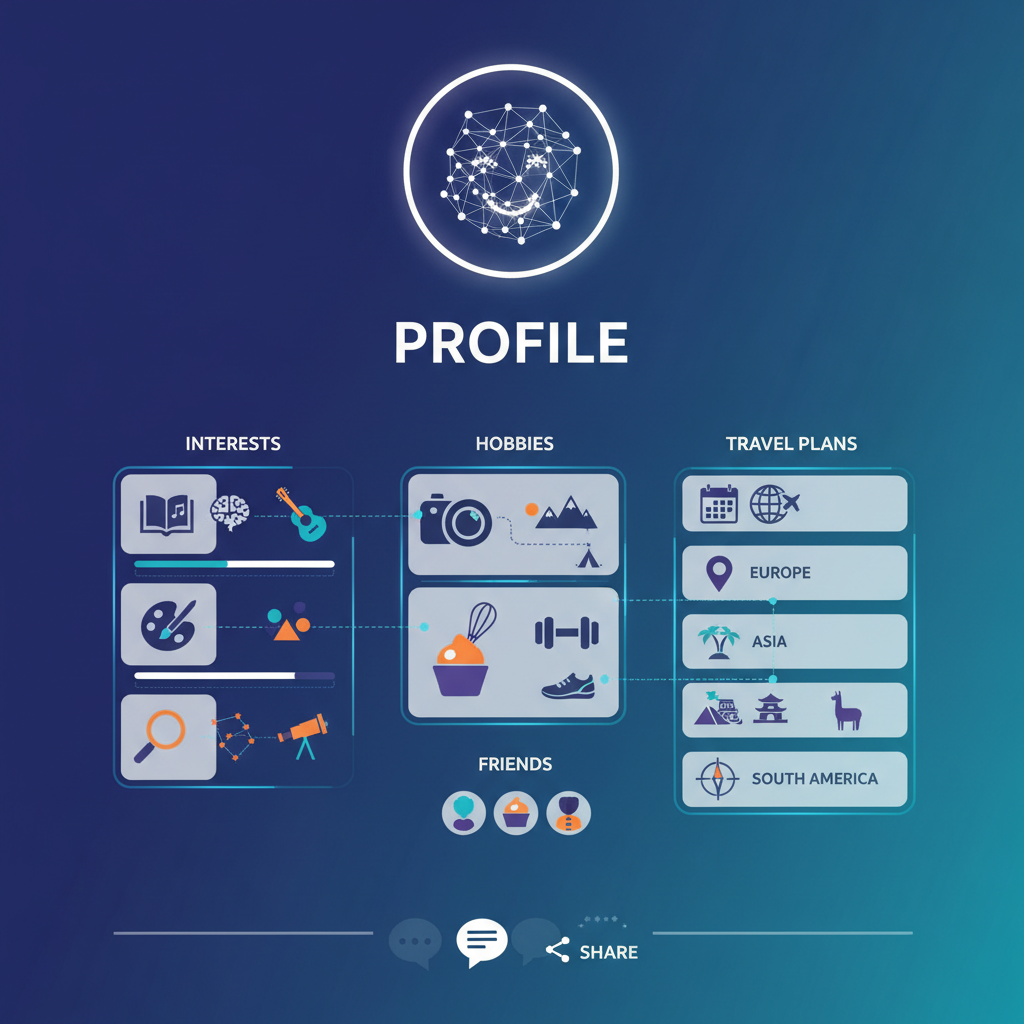 A detailed Facebook profile screen displaying various interests, hobbies, and travel plans, with subtle visual cues suggesting connections between friends, clean infographic style, modern layout, high contrast, colored background, no text
