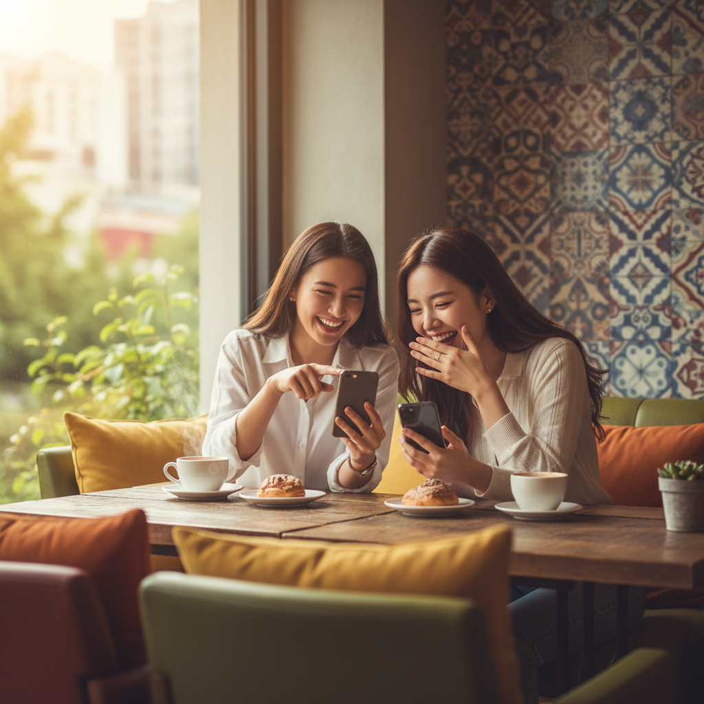 Two friends happily scrolling TikTok on their phones, sharing ideas, in a cozy cafe, lifestyle photography, warm lighting, natural setting, colored background, Korean appearance, no text