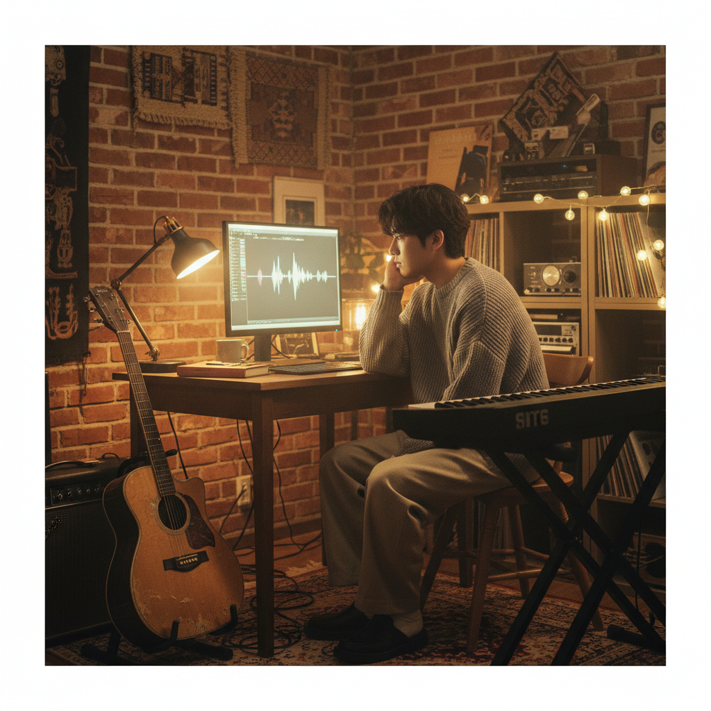 A thoughtful Korean musician sitting in front of a computer screen, surrounded by musical instruments like a guitar and keyboard, deep in thought, warm lighting, textured background, no text, 1:1 aspect ratio