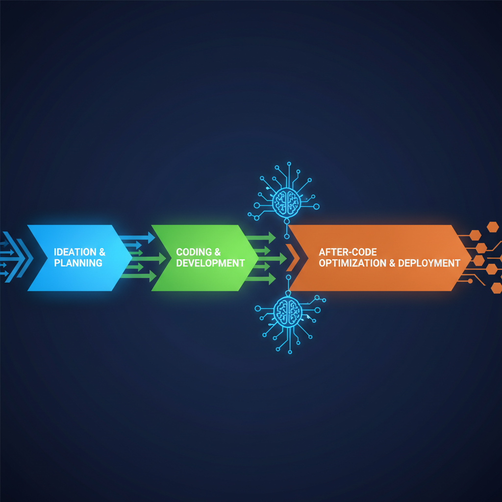 clean infographic, modern layout, high contrast, depicting a software development pipeline with a clear bottleneck in the "after-code" phase, AI elements actively bridging the gap, colored background, no text, no graph
