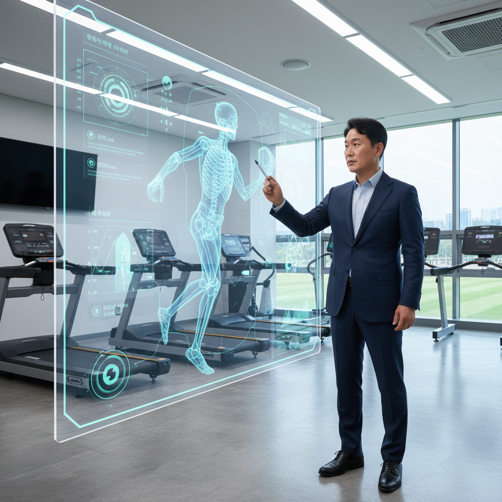 A Korean coach analyzing 3D motion data of a player on a screen, showing biomechanical data, clean infographic style, modern sports facility background, no text, 4:3 aspect ratio