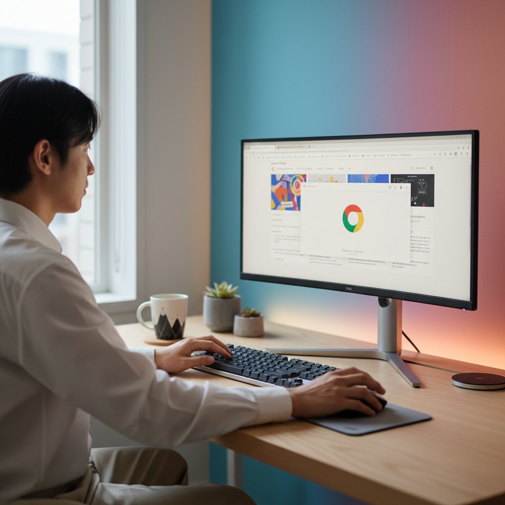 A Korean person efficiently using the Chrome browser, with a clean and modern workspace, bright and balanced lighting, colored background, no text