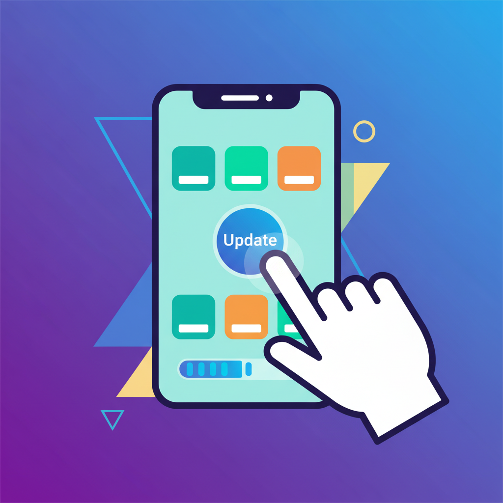 An infographic showing a hand tapping an "Update" button on a smartphone app store screen, clean infographic style, modern layout, high contrast, colored background, no text