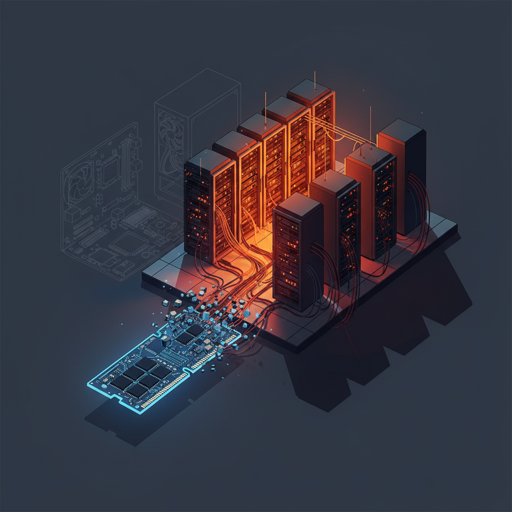 clean infographic, modern layout, high contrast. A visual metaphor showing a small, intricate RAM stick transforming or being overshadowed by a vast, glowing AI data center server room. In the background, subtle outlines of a PC build. No visible text.