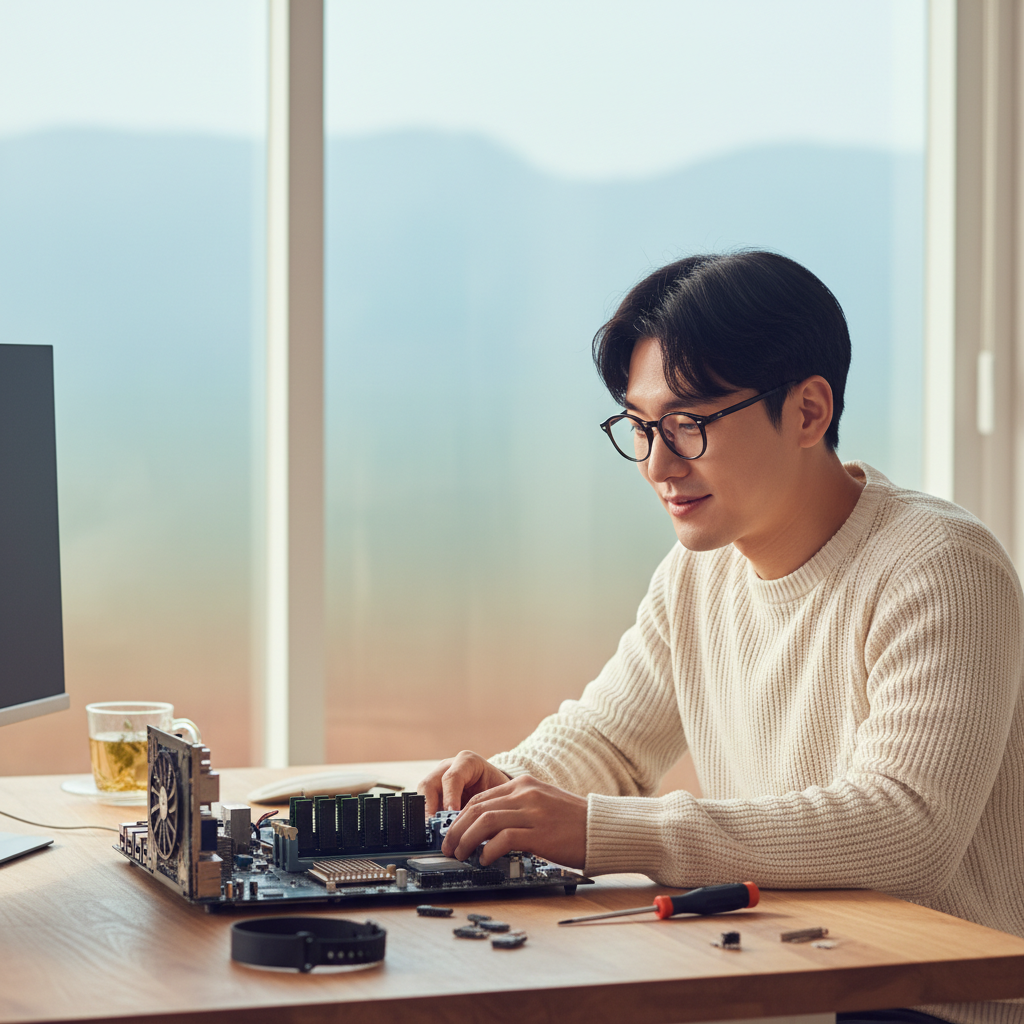 lifestyle photography, warm lighting, natural setting. A thoughtful Korean person, natural expression, looking at a disassembled PC on a workbench, with some RAM slots empty or contemplating new memory options. The setting is a cozy, modern home office. Bright, balanced lighting, colored background. No visible text.