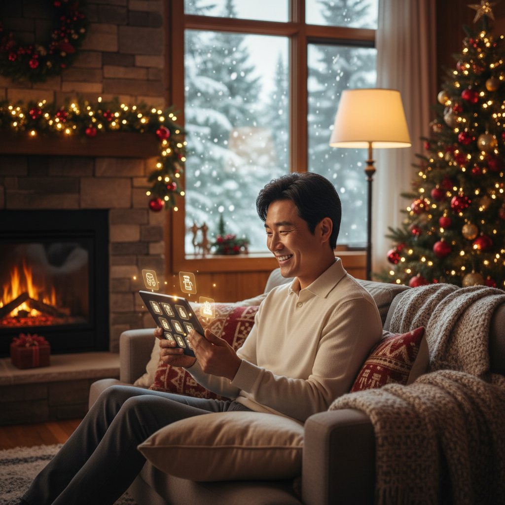 A person smiling while looking at a tablet with AI gift suggestions, surrounded by festive Christmas decorations, cozy home interior, warm lighting, natural setting, Korean appearance, no text