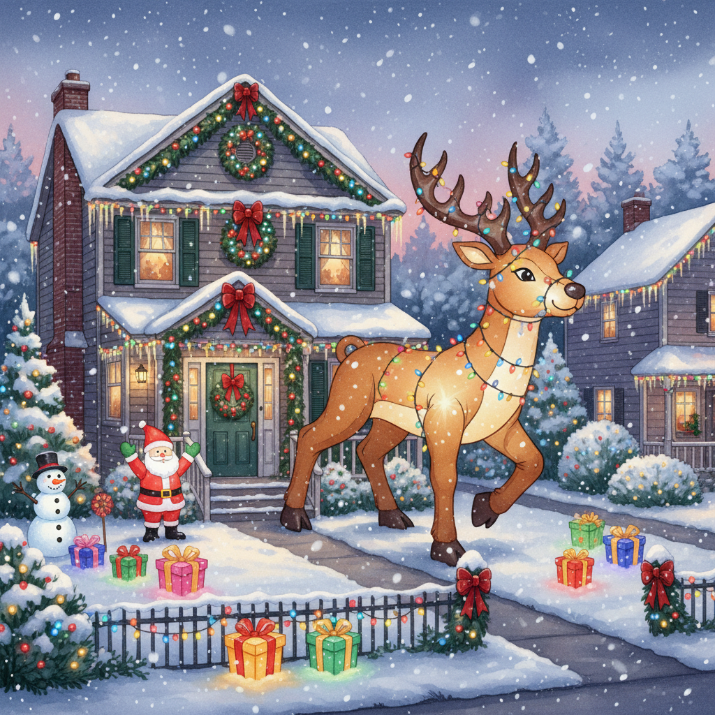 A festive front yard with Christmas decorations, including a large inflatable reindeer that appears to be crossing into the neighbor's property line, suburban house background, snowy scene, vibrant colors, no text, artistic rendering, 1:1 aspect ratio