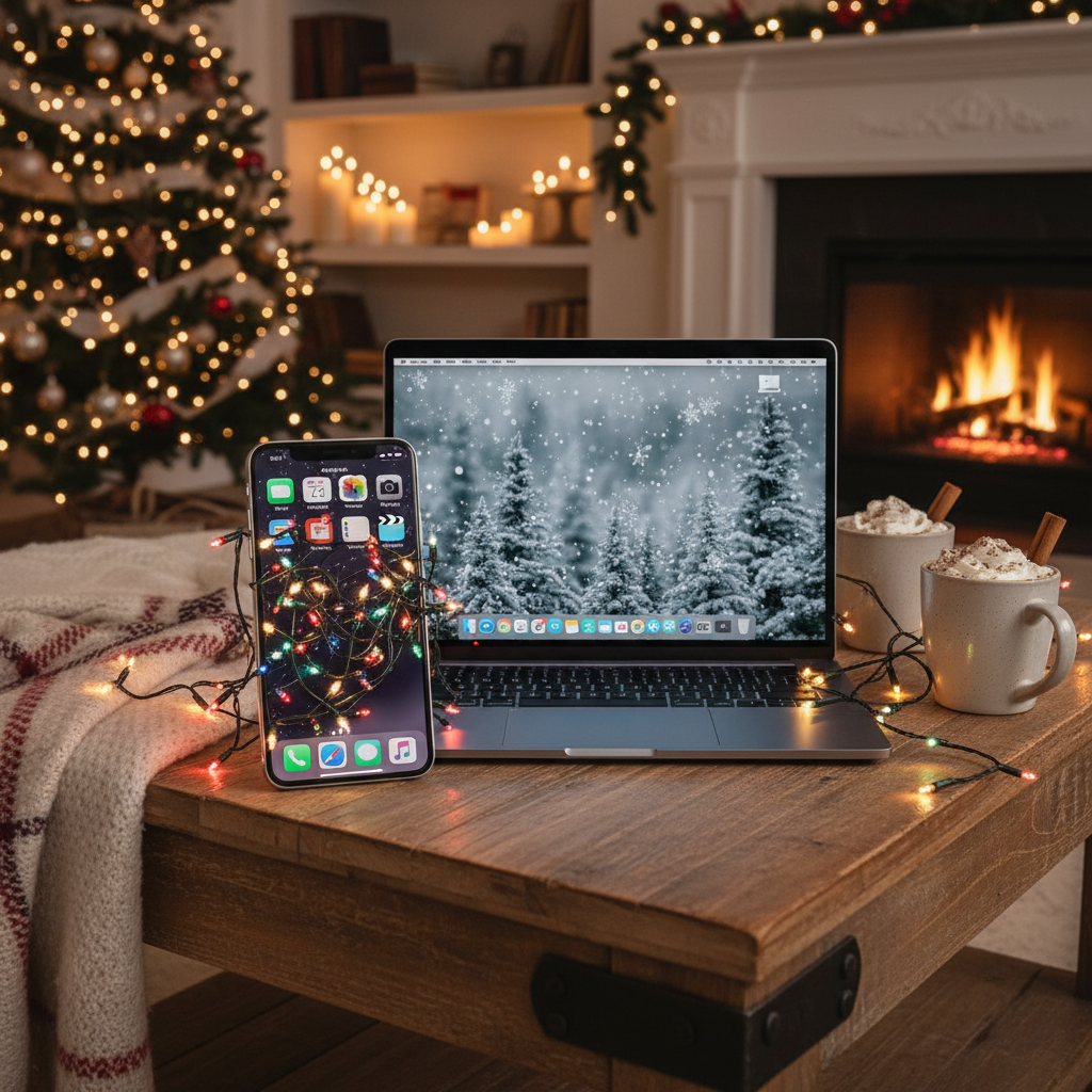 A cozy, festive scene with an iPhone and a MacBook. Both devices are artfully decorated with glowing, colorful holiday lights, integrated seamlessly into their screens. The iPhone shows a Home Screen widget with lights, and the MacBook desktop has delicate snowflakes falling. The background is a warm, inviting living room with soft, ambient lighting. No visible text. Style: lifestyle photography, warm lighting, natural setting.