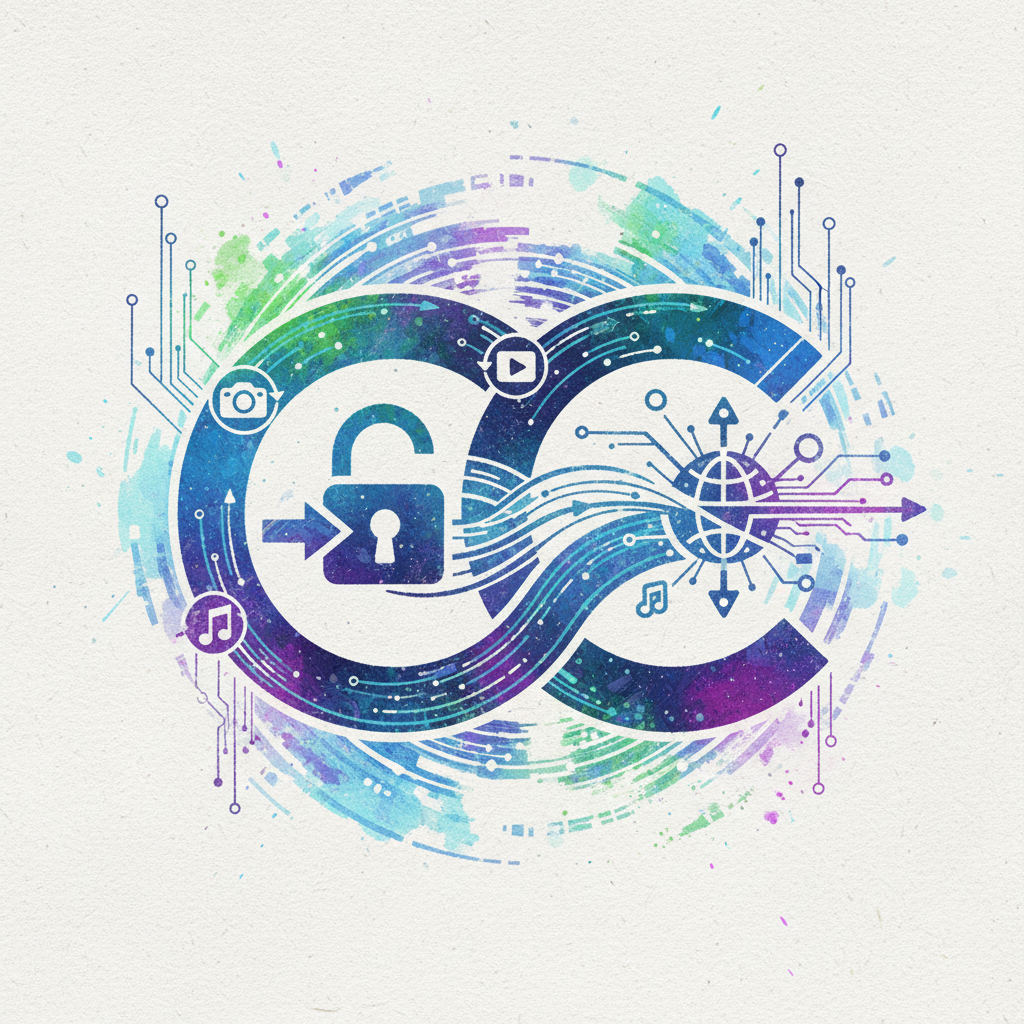 Creative Commons logo integrated with symbols representing digital content licensing and sharing, abstract background with data streams, illustration, artistic rendering, textured background, no text, 1:1 aspect ratio