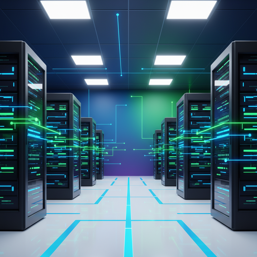 A modern, brightly lit data center with rows of sleek server racks. Blue and green glowing lights indicate data flow and operational status. Style: clean infographic, modern layout, high contrast. No visible text in image. Colored background.