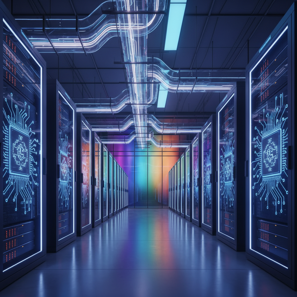Detailed composition of a cloud computing data center with AI chips (TPUs) integrated, bright, balanced lighting, colored background, no text