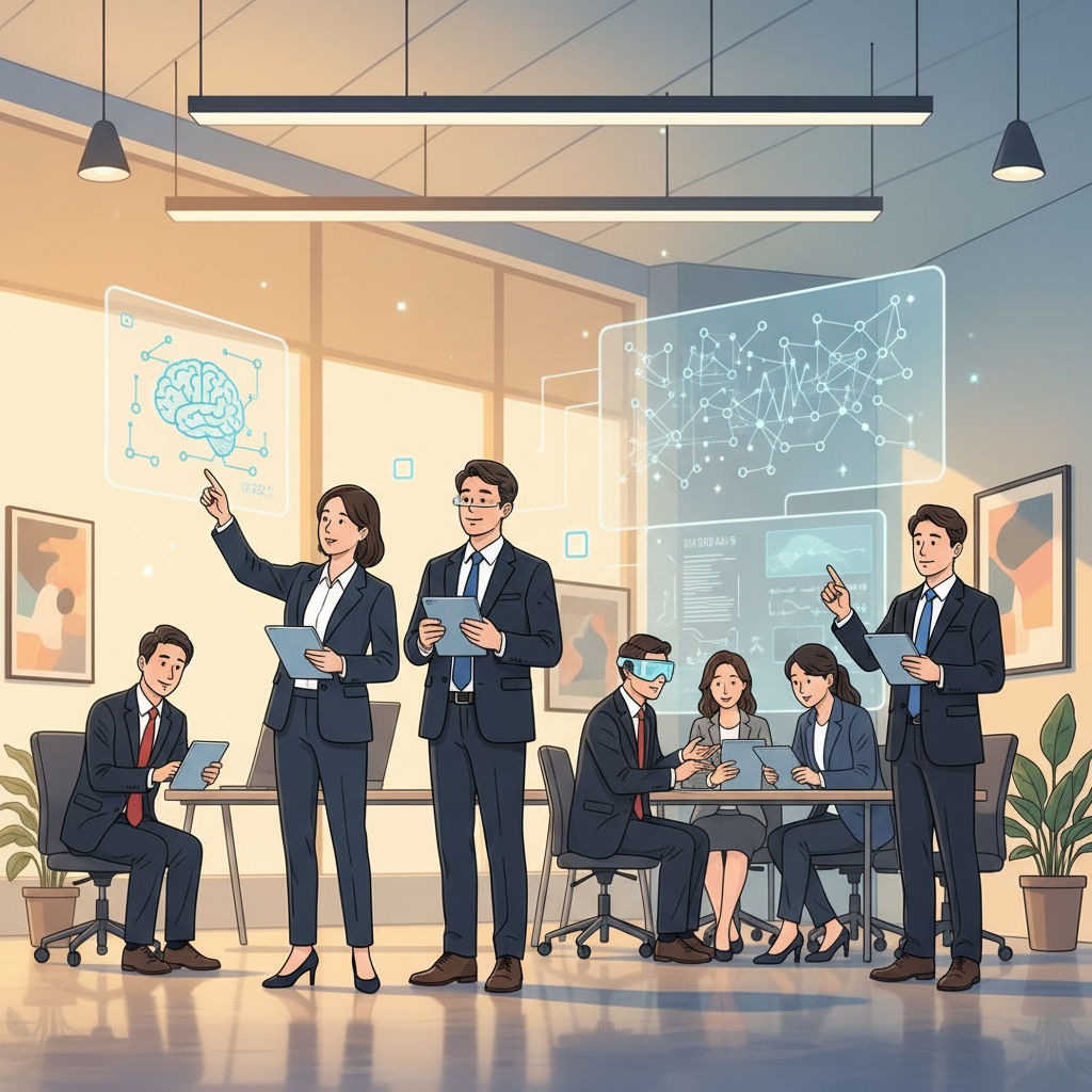 A vibrant illustration of Korean business professionals in a modern office setting, actively engaging with AI learning interfaces on screens, clean infographic style, warm lighting, colored background, no text.