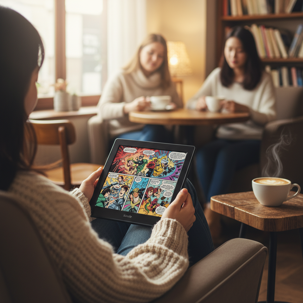 A vivid lifestyle scene showing a Korean person using a Kindle Scribe Colorsoft e-reader to read a vibrant comic book, warm lighting, cozy cafe background, no text