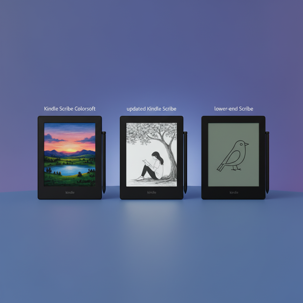 Realistic depiction of three e-readers side-by-side: Kindle Scribe Colorsoft, updated Kindle Scribe, and a lower-end Scribe without a front-lit screen, highlighting display differences, modern layout, gradient background, no text