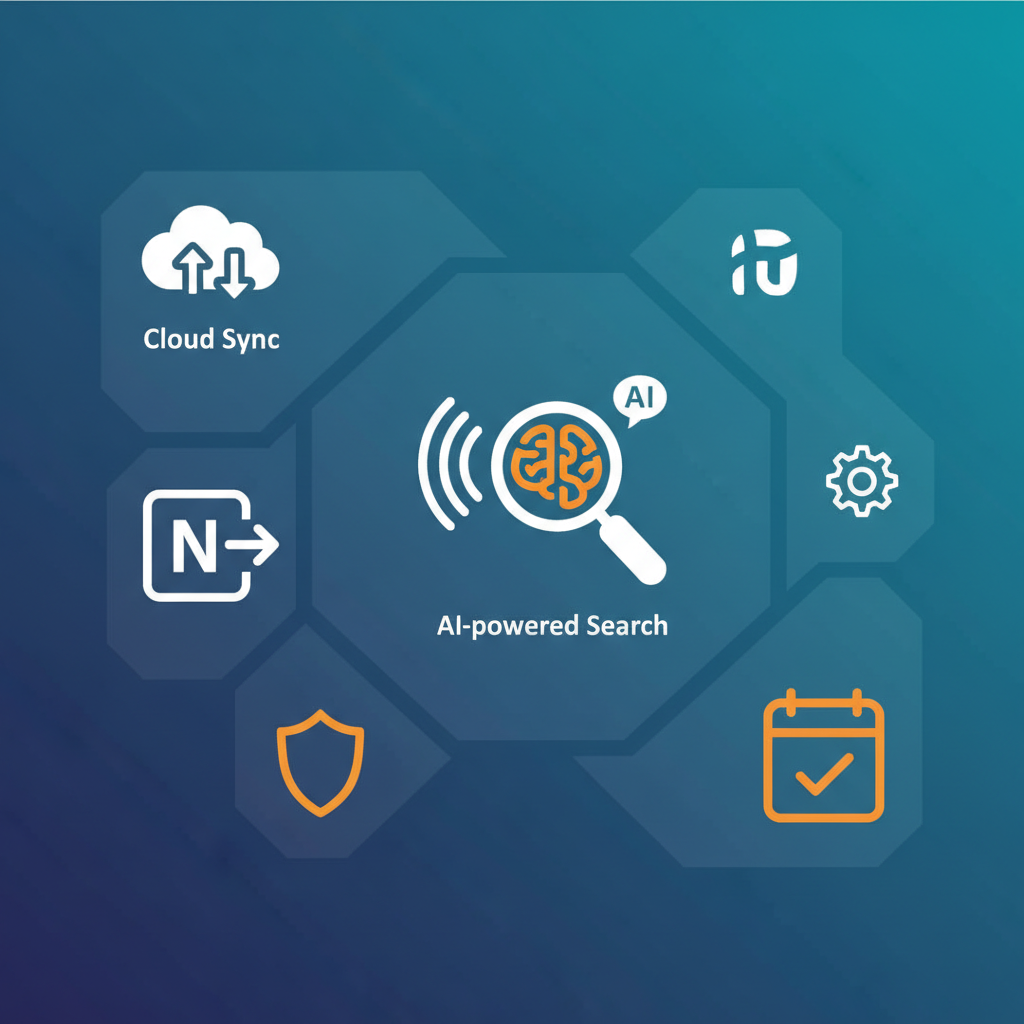 Clean infographic style depicting various software features like cloud sync, OneNote export, and AI-powered search, using minimal English UI icons, high contrast, modern layout, colored background, no text