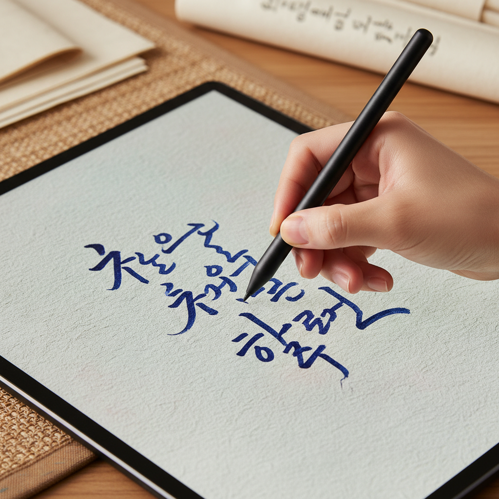 A close-up of a Korean hand writing on a Kindle Scribe Colorsoft with a stylus, showcasing improved friction and paper-like texture on the screen, detailed composition, textured background, no text