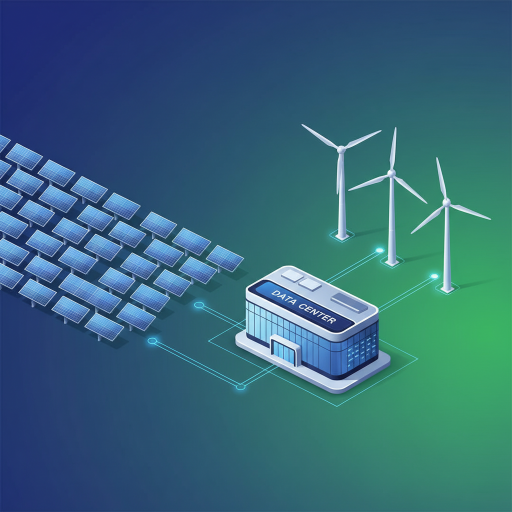 A modern data center nestled beside a vast clean energy park featuring solar panels and wind turbines, symbolizing self-sufficient power generation. Bright, futuristic, clean infographic style, rich blue and green gradient background, no text, 4:3 aspect ratio
