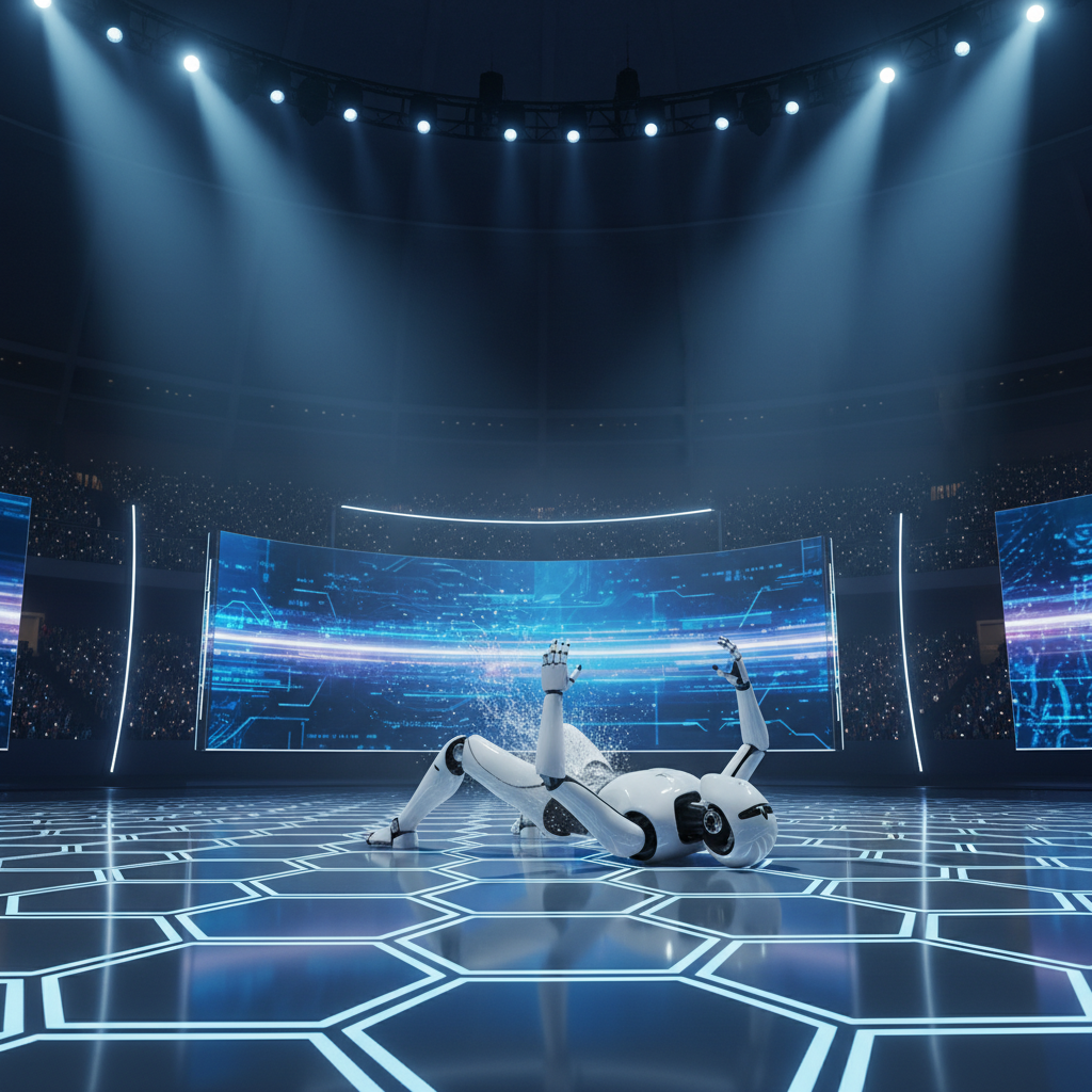 Tesla Optimus robot falling backward on a stage, with a small puff of water, modern stage lighting, futuristic setting, no text, 4:3