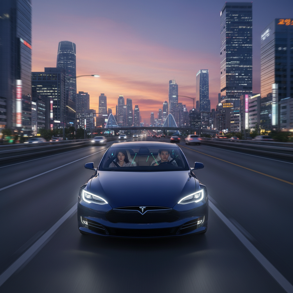 A sleek Tesla car driving on a multi-lane highway, with subtle indicators of advanced driver assistance systems, bright lighting, a vibrant cityscape background, Korean appearance people in car, 4:3 aspect ratio, no text