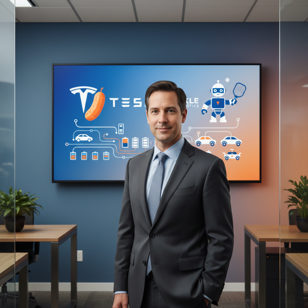 A professional man in a modern office setting, representing Jeff Evanson, with a subtle blend of Tesla and Pickle Robot branding elements in the background, clean infographic, colored background, no text
