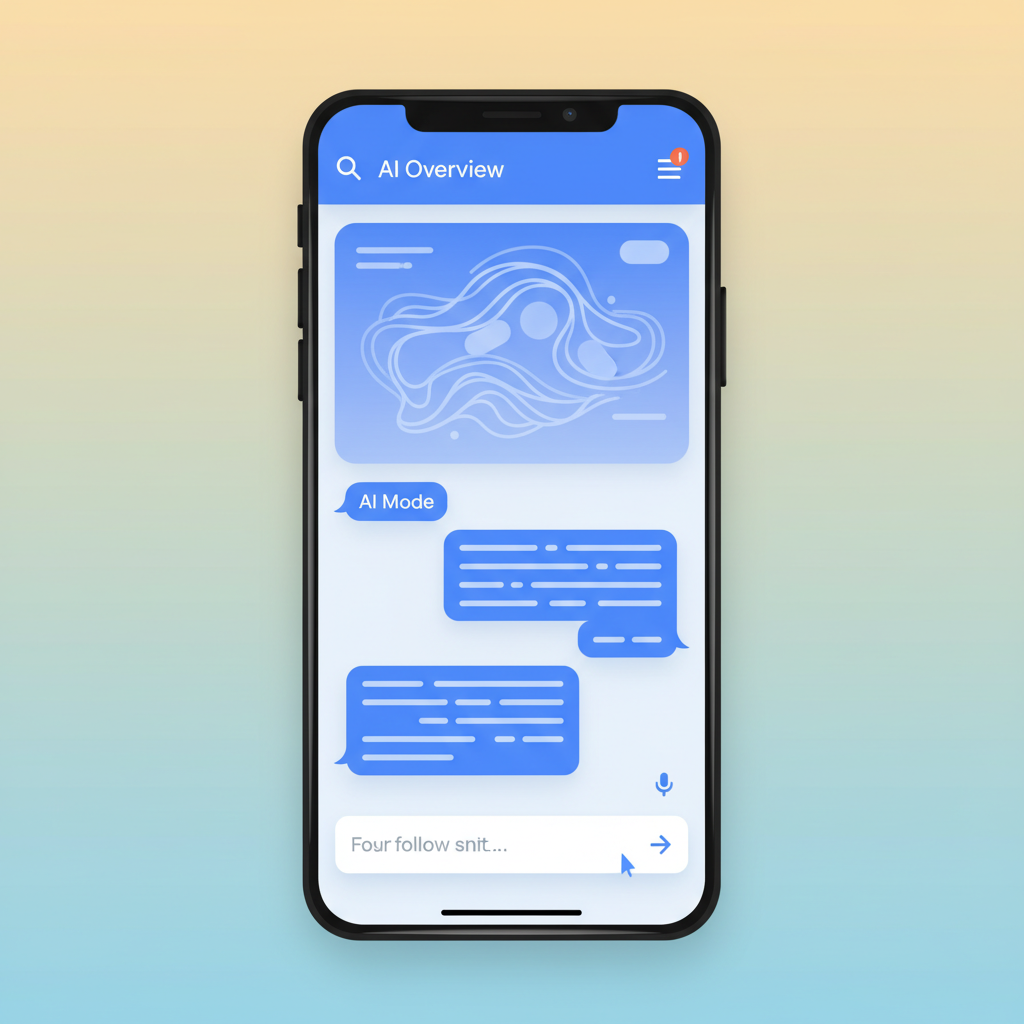 clean infographic, modern layout, high contrast. A mobile phone screen showing a seamless integration of AI Overviews and a chat-like AI Mode interface. A user is typing a follow-up question. The background is a soft gradient. Bright, balanced lighting, colored background. No visible text in image. No Korean characters.