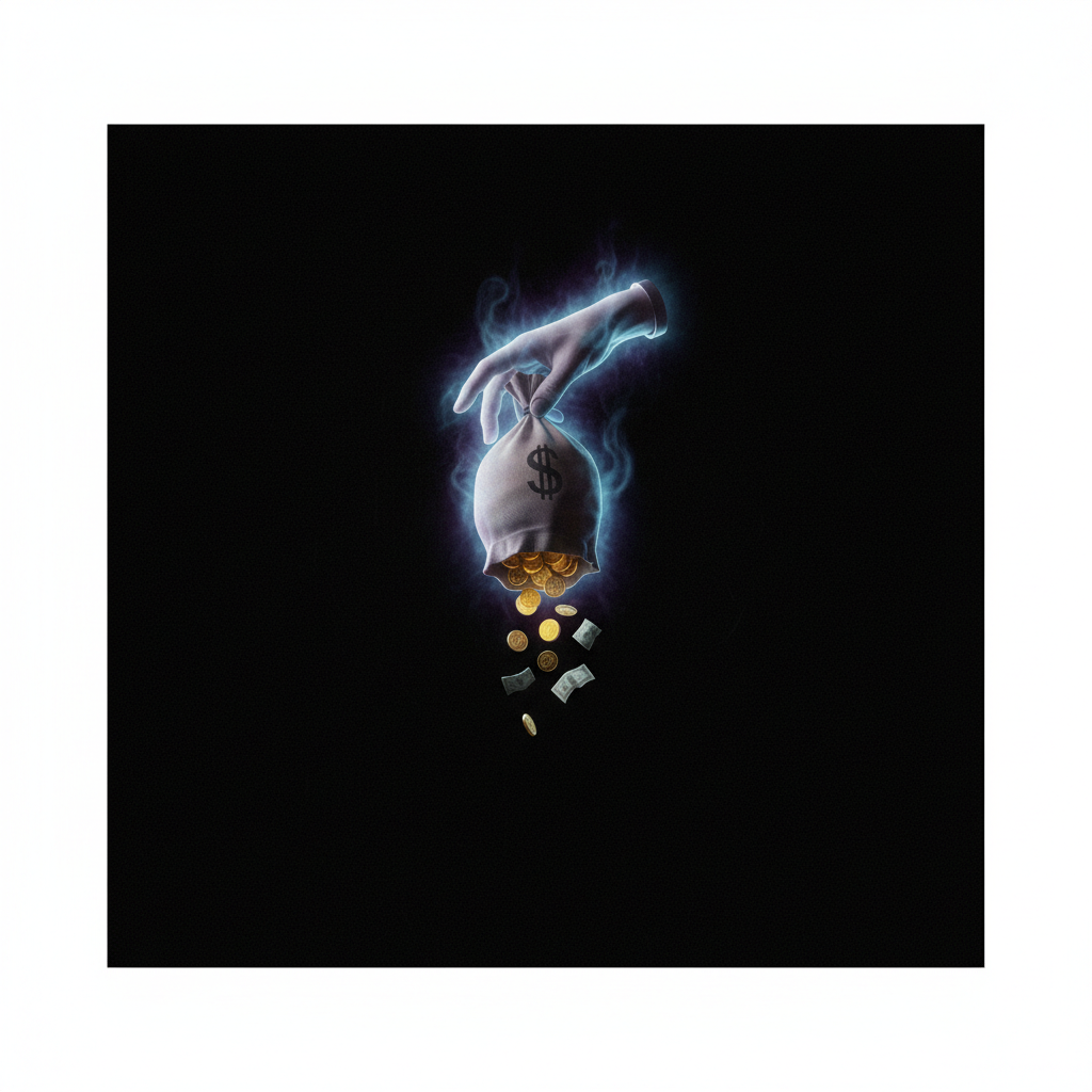 A hand dropping a bag of money into an empty void, symbolizing failed investment, dark background with subtle lighting, artistic rendering, no text, 1:1 aspect ratio