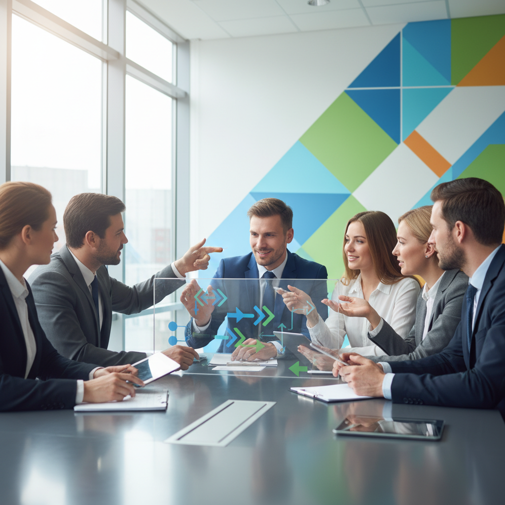 A dynamic meeting scene with diverse business professionals discussing growth strategies, modern office environment, bright lighting, focus on collaboration, colored background, no text, 4:3 aspect ratio