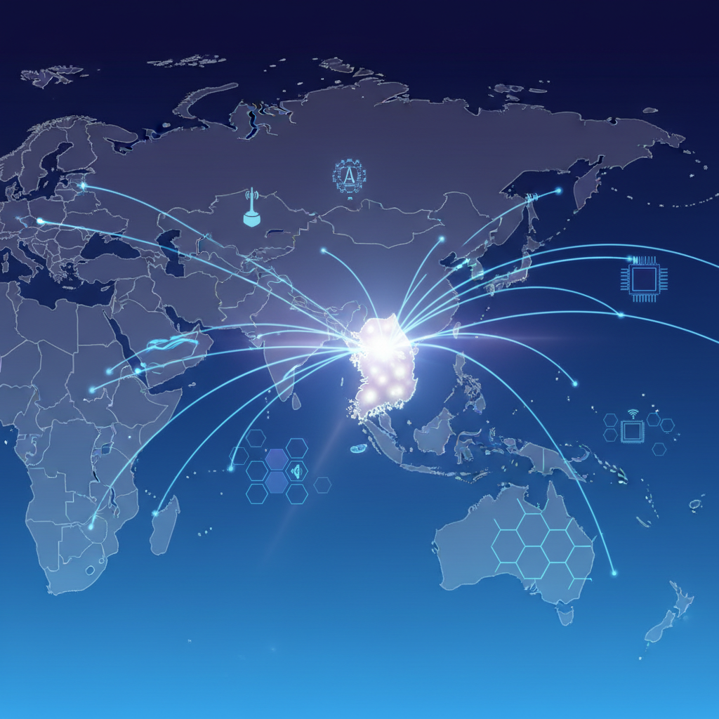 A stylized map showing South Korea highlighted, with subtle lines extending to other Asian markets and then to the USA, symbolizing the launch timeline of the Samsung Galaxy Z TriFold. Integrate abstract elements representing technology and global connectivity. The background is a deep blue gradient. No visible text.