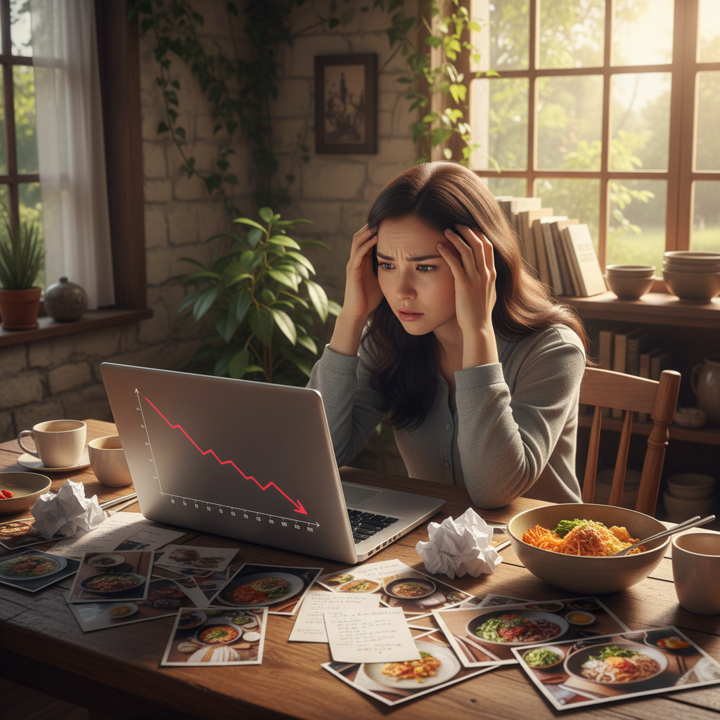 A distressed Korean food blogger, looking at a laptop screen displaying a steep decline in website traffic, surrounded by scattered recipe notes, lifestyle photography, warm lighting, natural setting, no text, textured background