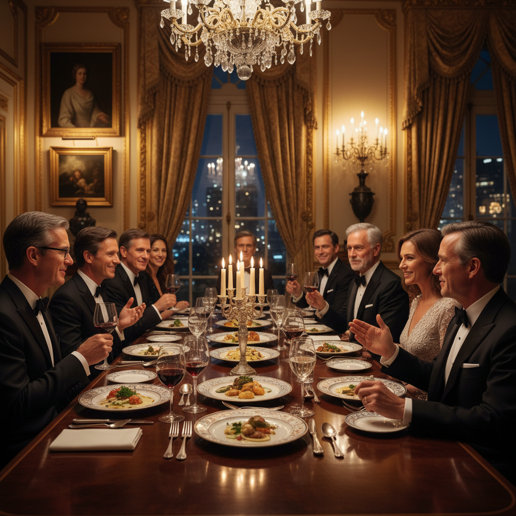 U.S. President Donald Trump speaking at a dinner with several prominent Silicon Valley tech CEOs, all in formal attire, engaging in conversation, warm lighting, luxurious dining room background, no visible text, Korean appearance, 4:3 aspect ratio