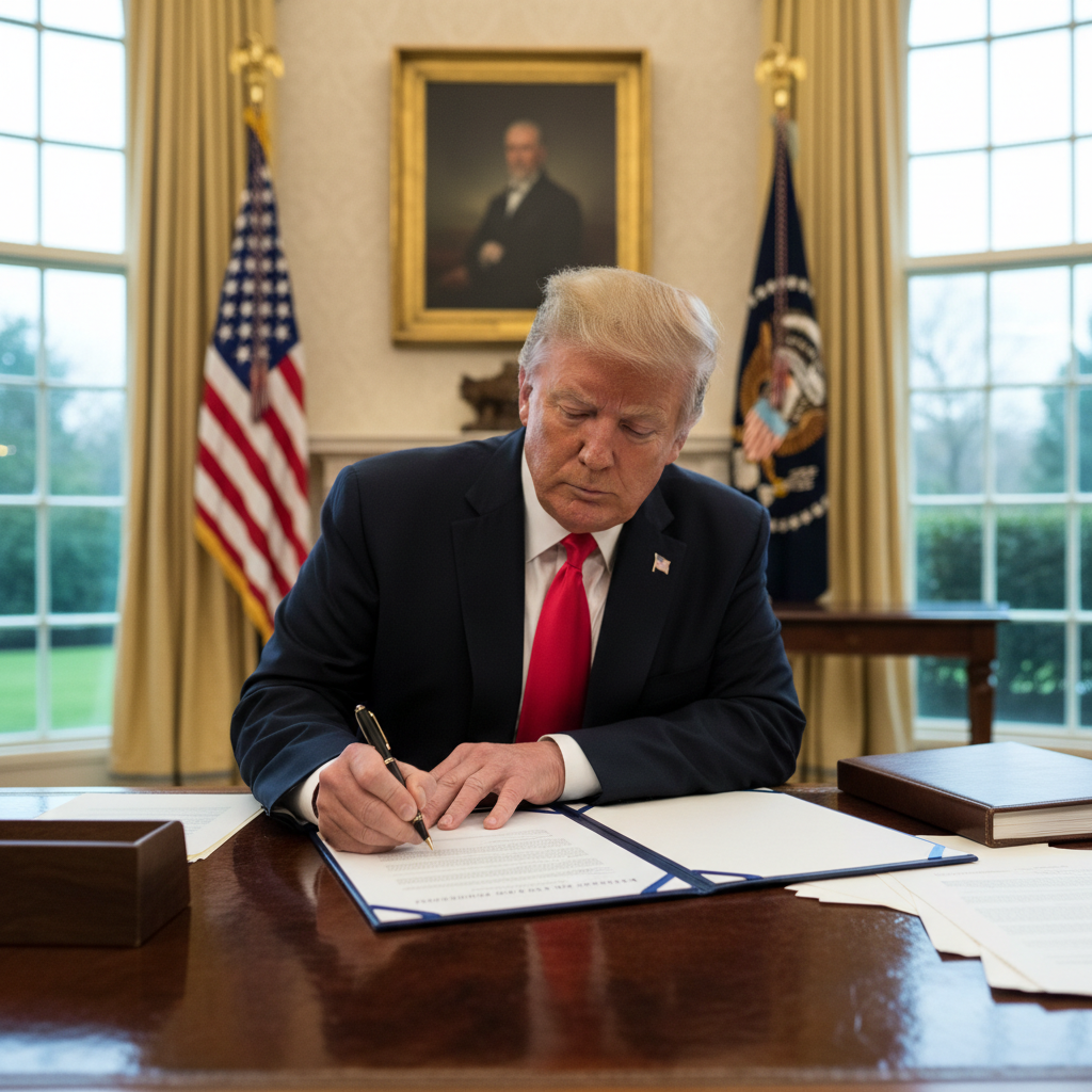 Donald Trump signing an executive order on artificial intelligence, in a White House setting, modern presidential desk, focused on the action, professional photography, warm lighting, textured background, no text