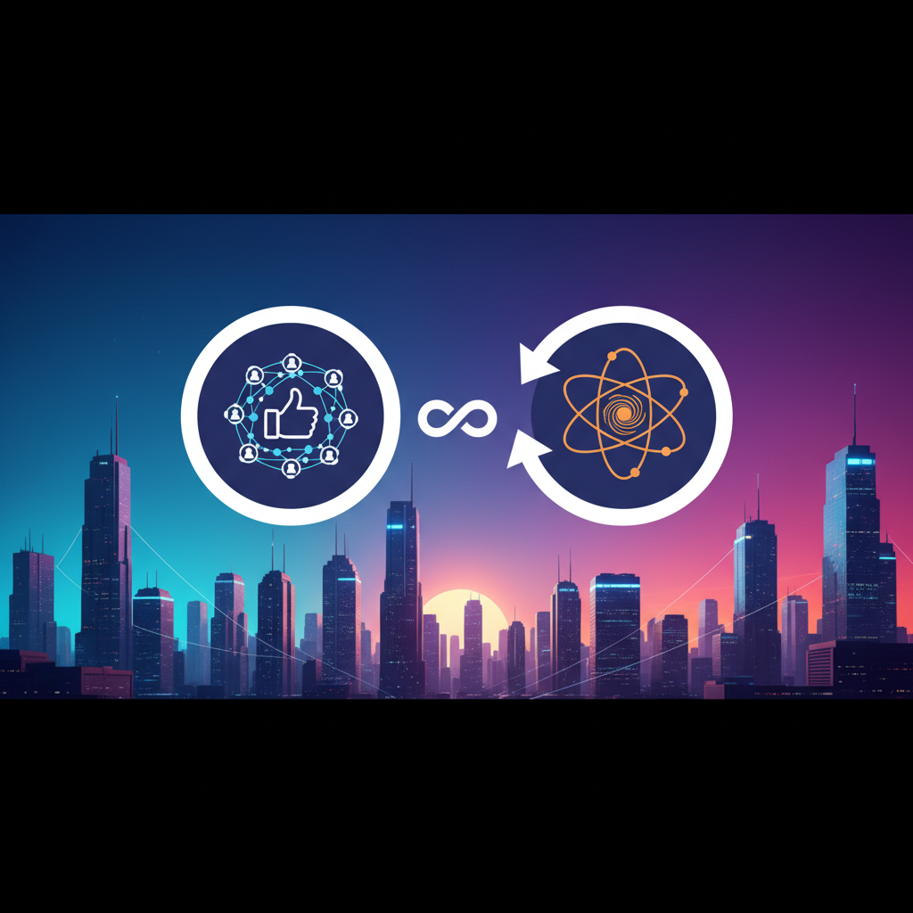 A news headline showing a merger announcement between a social media company and a fusion energy company, with a futuristic city background, clean infographic style, high contrast, colored background, no text