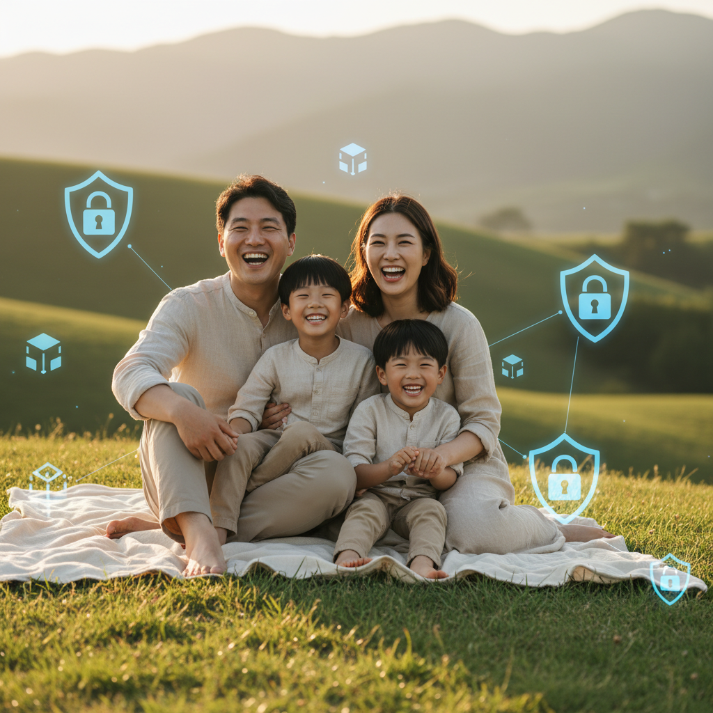 A happy Korean family, including parents and children, smiling and enjoying a peaceful moment together, with subtle digital security elements in the background, lifestyle photography, warm lighting, natural setting, no text