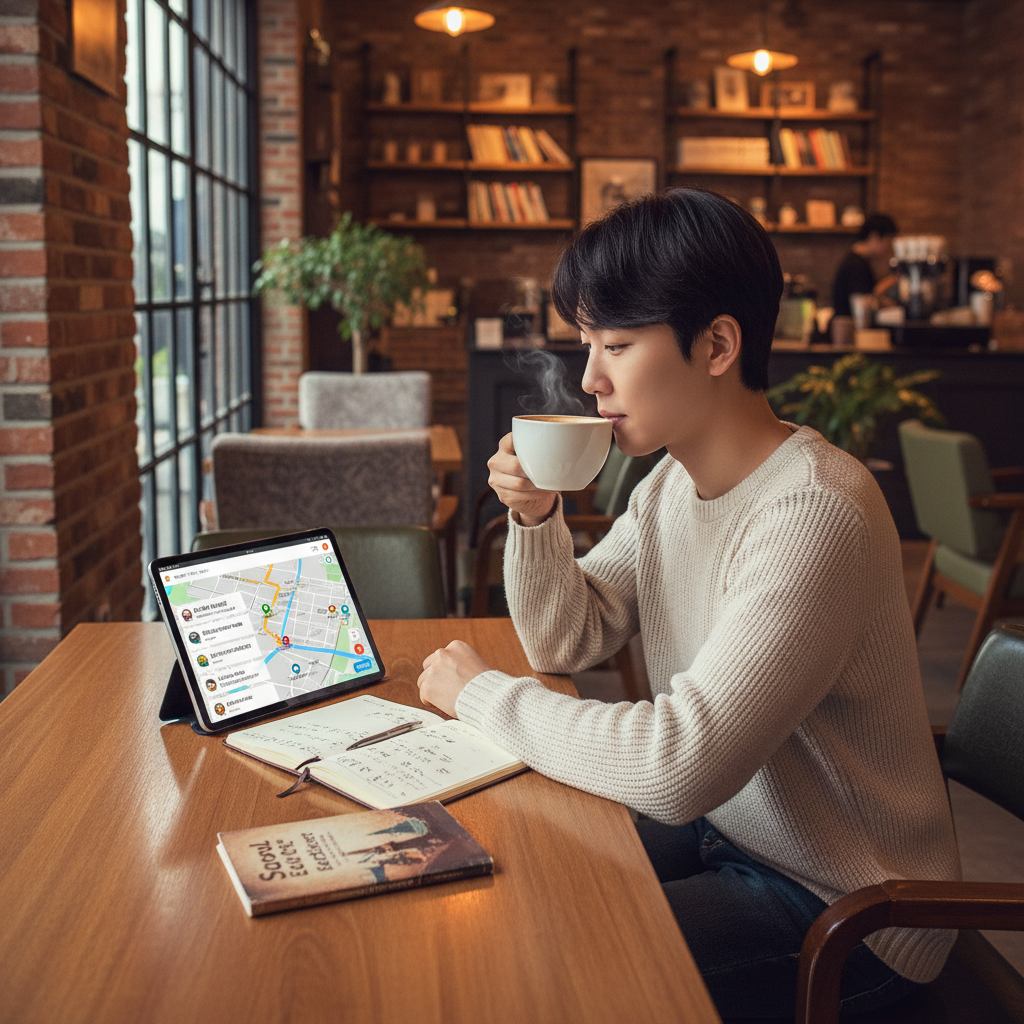 A Korean person sitting at a cafe table, looking at their tablet which displays a map with local recommendations and interesting places. They are holding a coffee cup, with a travel guide or notebook next to them. The background is a warm, inviting cafe interior. The style is lifestyle photography, full frame. No text.