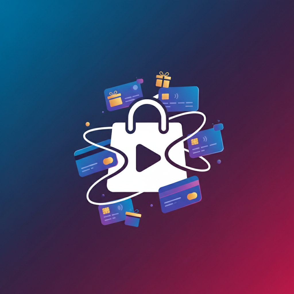 Modern infographic design showing TikTok Shop logo intertwined with digital gift card icons, clean layout, high contrast, gradient background, 4:3 aspect ratio, no visible text