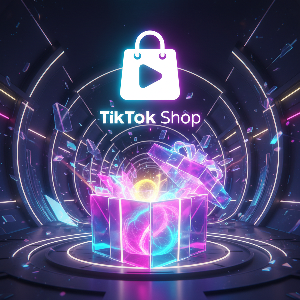 Futuristic design showcasing TikTok Shop logo with an open gift box, glowing elements, abstract background, 1:1 aspect ratio, no visible text
